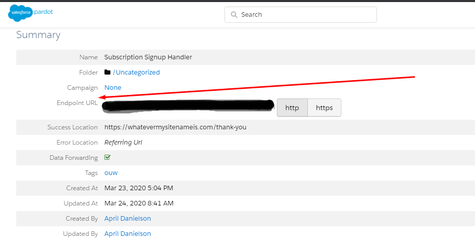 Salesforce subscription signup endpoint URL