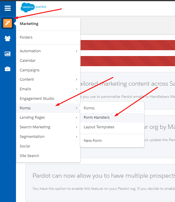 Salesforce navigation menu, marketing form handlers