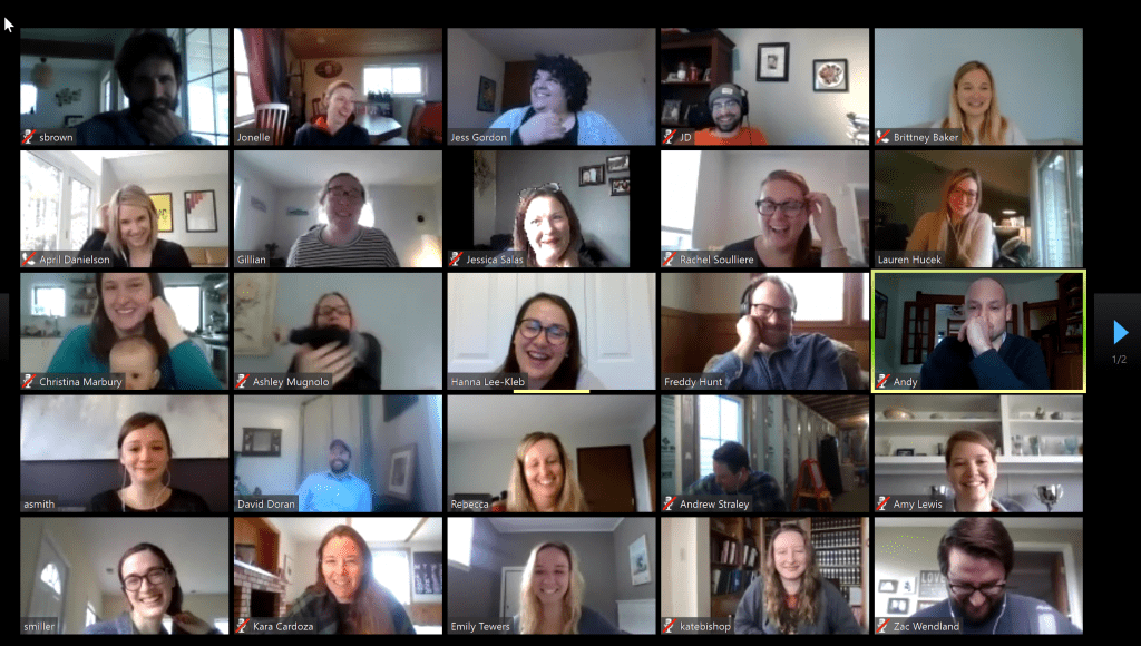 25 employees on a video call screen while working remotely