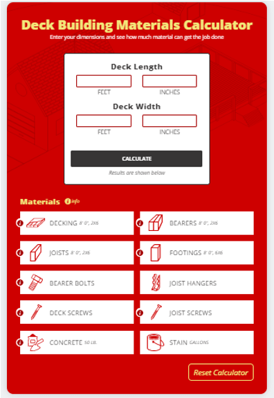 Deck building materials calculator for Mr. Handyman