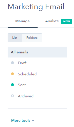 marketing email menu from HubSpot