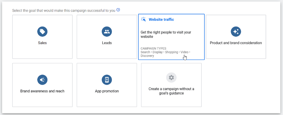 youtube ads campaign goal options include Sales, Leads, Website Traffic, Product and brand consideration, Brand awareness and reach, App promotion, and Create a campaign without a goal