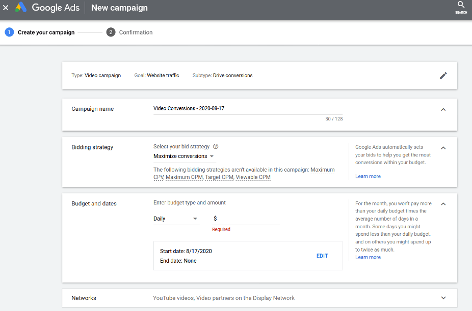 youtube ads settings for campaign name, bidding strategy, budget and dates, and networks