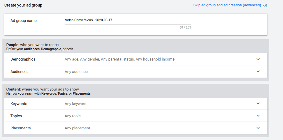 Youtube ads settings for ad group, demographic and audience targeting, keywords, topics, and placements