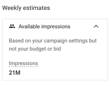 Screenshot from Google Ads shows there are 21M available impressions based on campaign settings but not your budget or bid