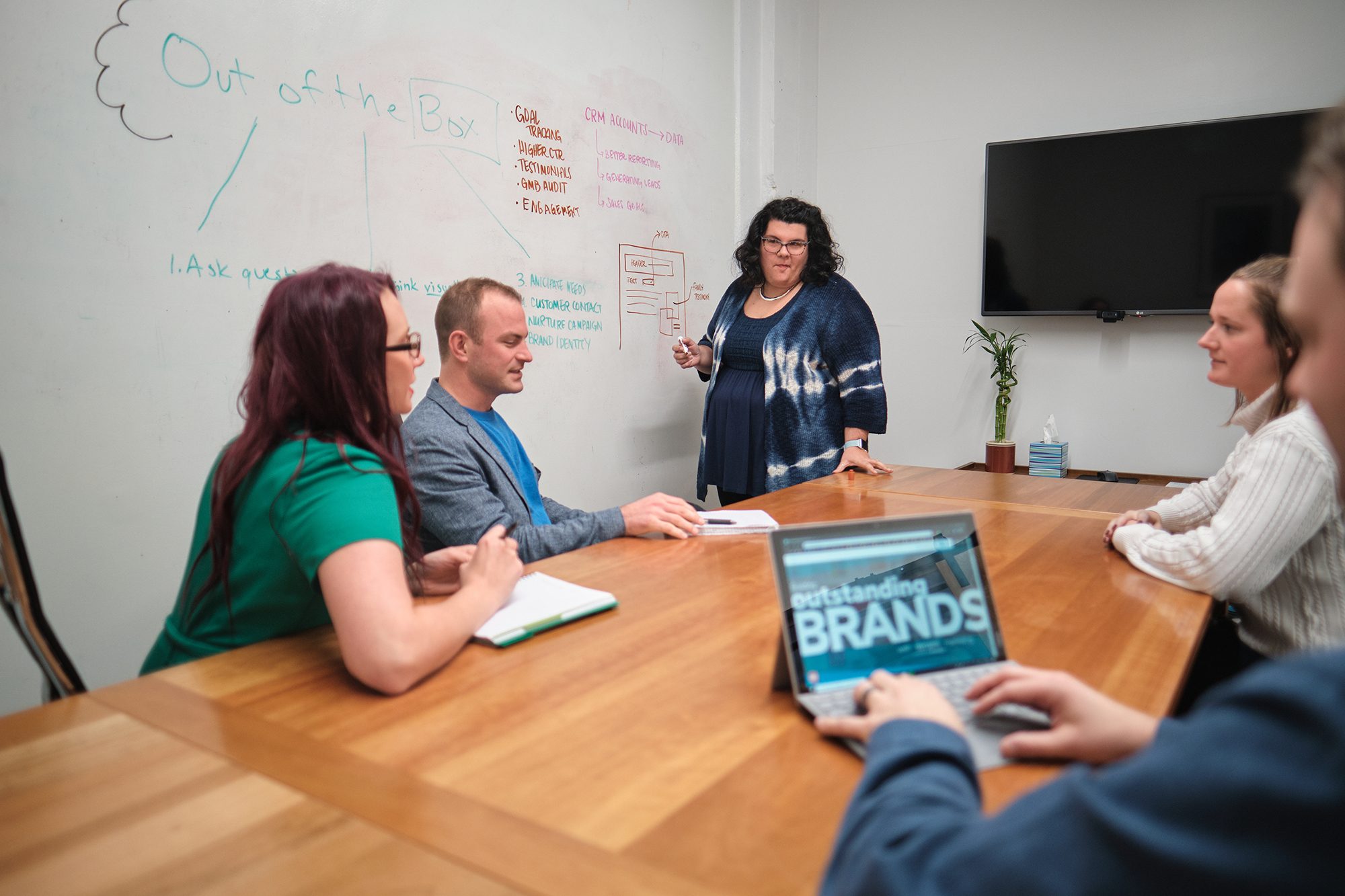 a team of marketers work in a conference room in front of a white board brainstorming ways to create new social media marketing campaigns