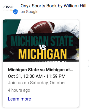 a google my business post with a designed image featuring a football and michigan state vs michigan