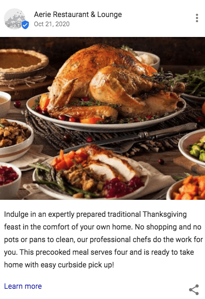 a google my business post for a restaurant with an image of a beautiful turkey feast