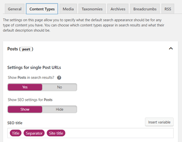 screenshot of Yoast in WordPress search appearance settings