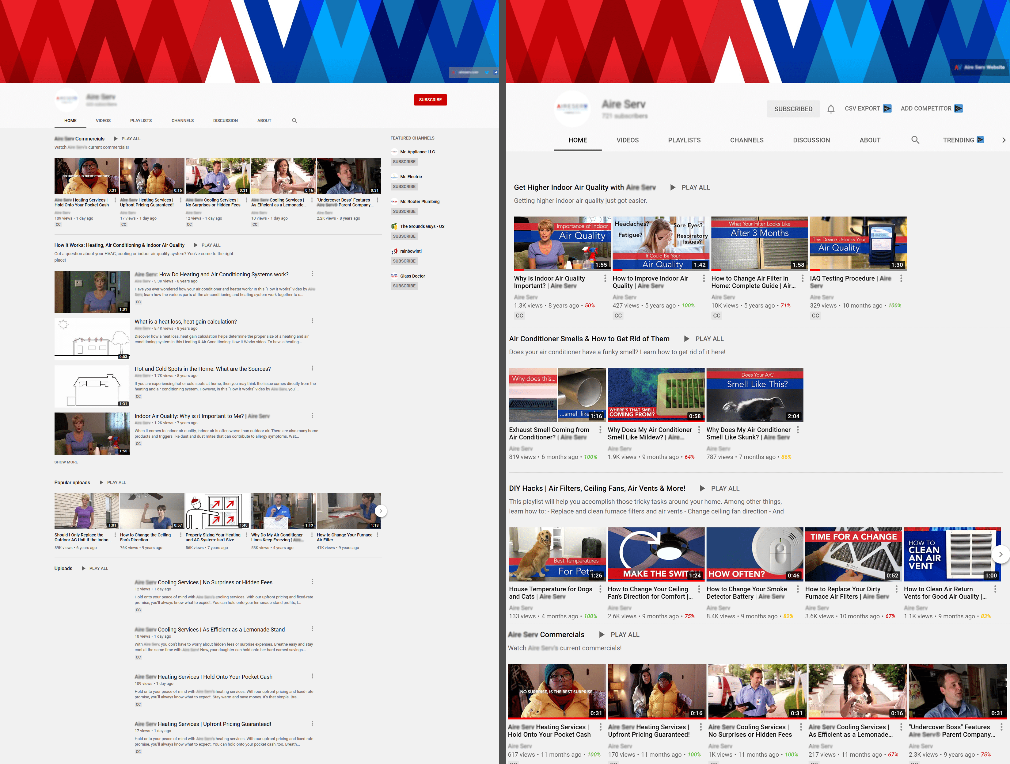 before and after shot of a youtube channel showing improvement in appearance with oneupweb youtube marketing services