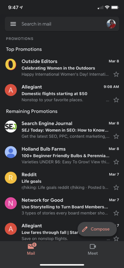 dark mode on a phone email program