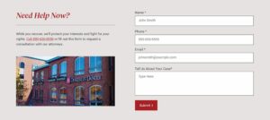website landing page form with only "name", "email", "phone number" and "tell us about your case" for a lawyer landing page