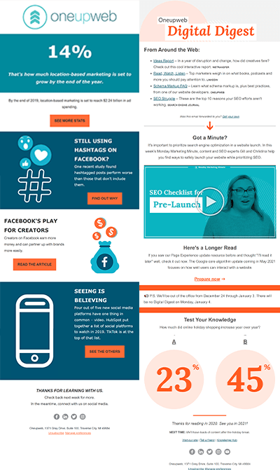 The Oneupweb Digital Digest in July 2019 (left) vs. December 2020 (right).