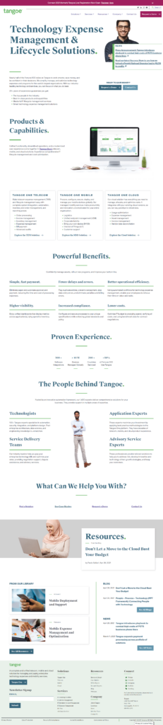 the tangoe homepage of the website designed and developed by oneupweb