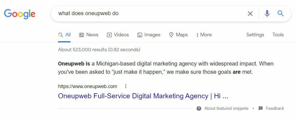 Example of a Google featured snippet in search results for the query “what does Oneupweb do.”