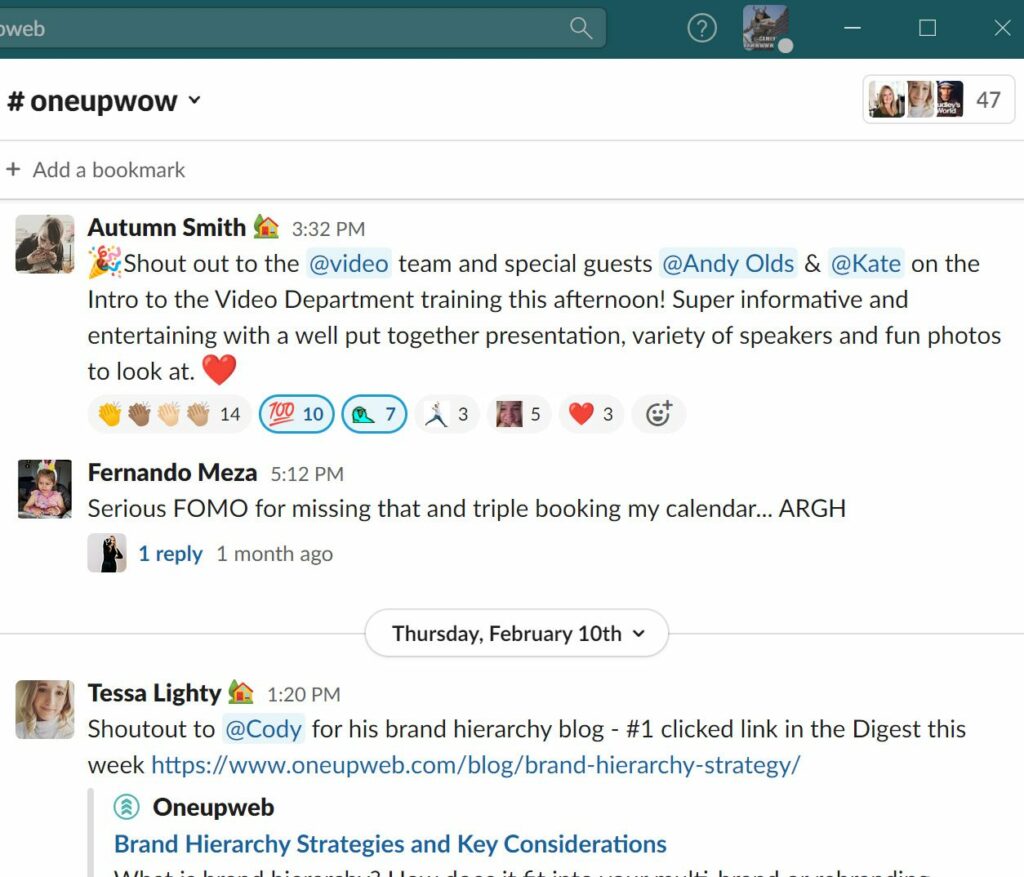 Screenshot of Oneupweb's Oneupwow Slack channel.