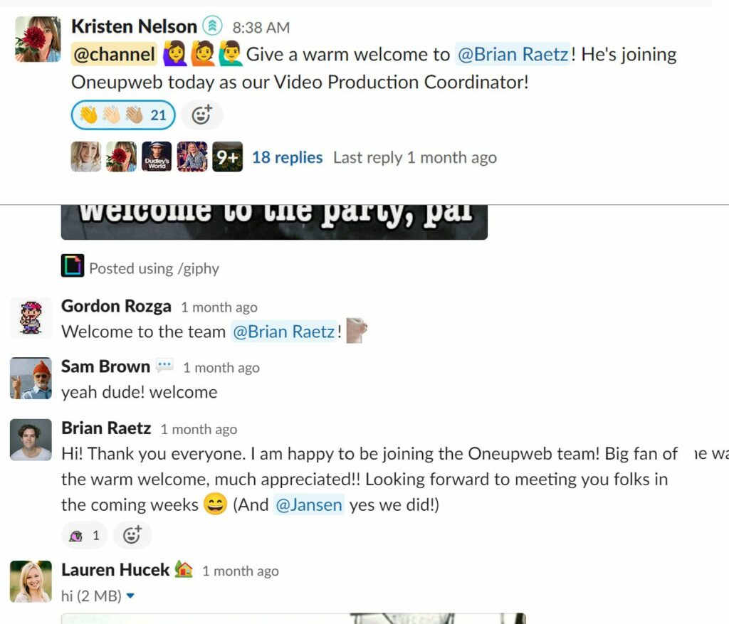 Screenshot of welcoming a new employee in Slack.