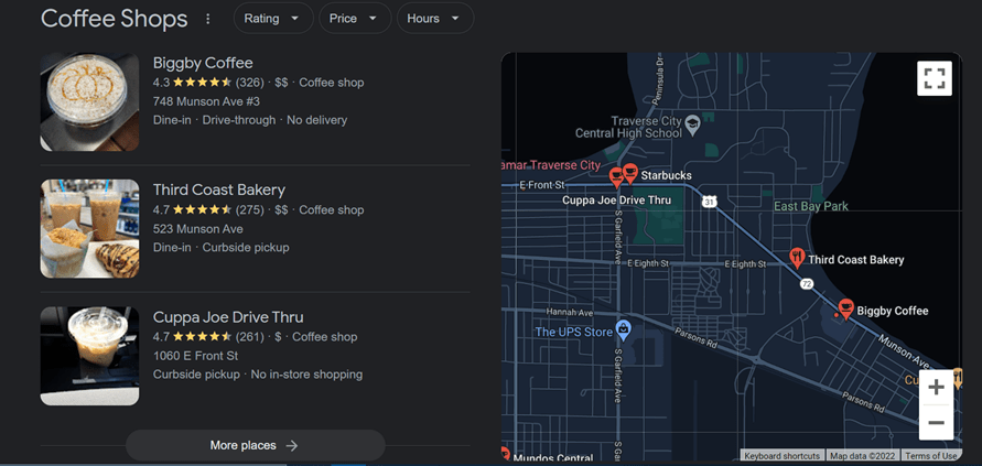 Screenshot of a Google maps search result for coffee.