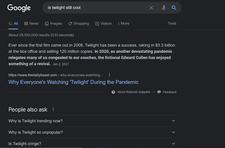 Screenshot of a People Also Ask search about Twilight. 