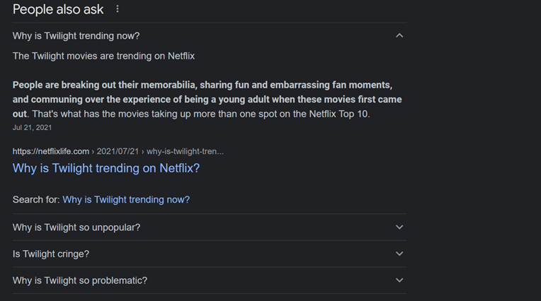 A Google People Also Ask search result page about Twilight's relevancy. 