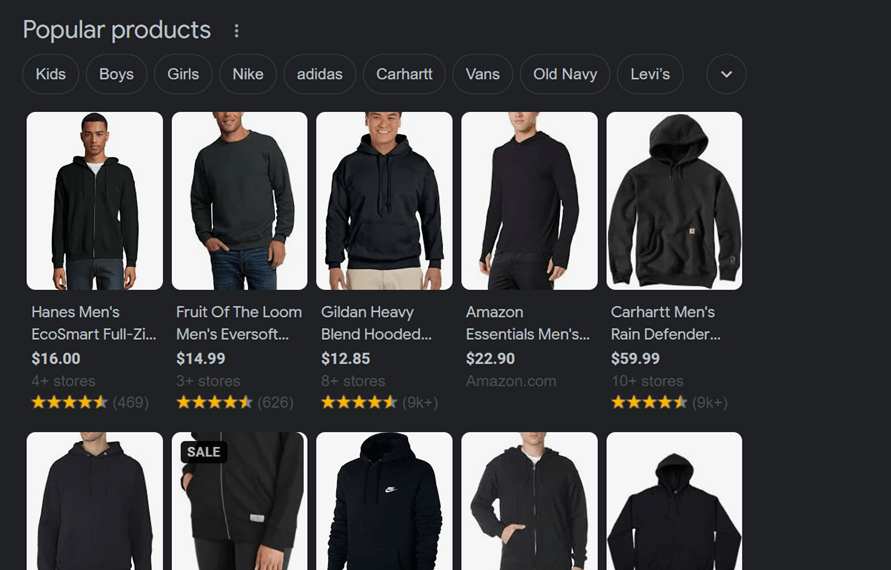 A Google shopping screenshot of a search for 'black hoodie'. 