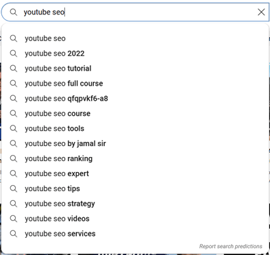Graphic render of a Google AutoFill search for the term "YouTube SEO".