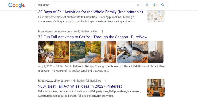 Pinterest takes 7th on the SERP for “fall ideas” as of November 9, 2022.