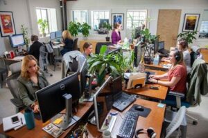 a busy office environment with rows of computers, plants and smiling people.