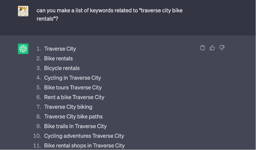 Grey screenshot of ChatGPT keyword research for "traverse city bike rentals". 