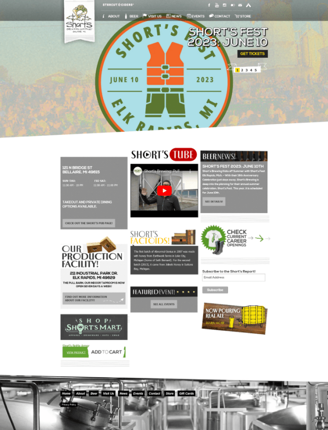 shorts brewing company's previous website homepage