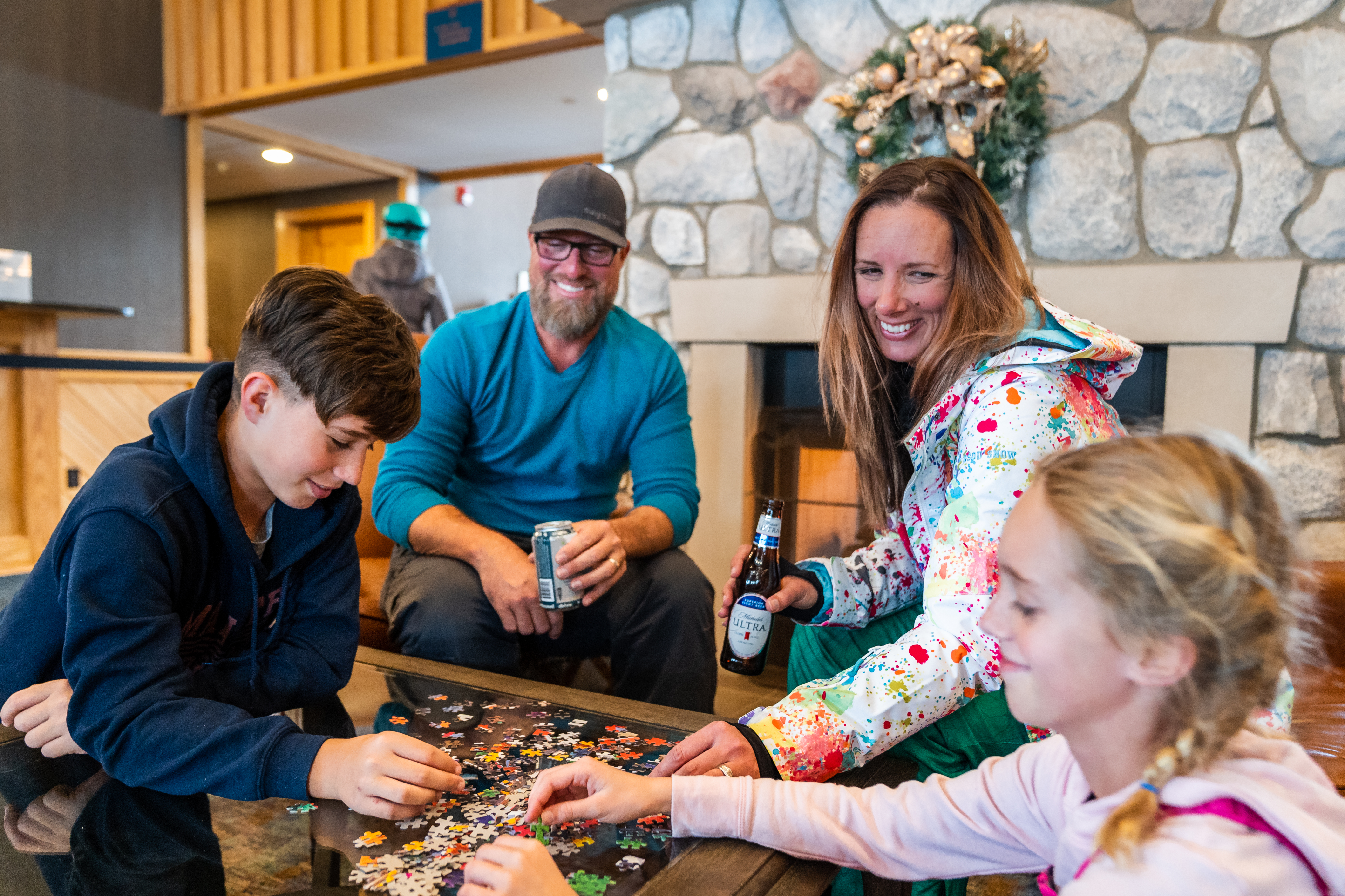 a family plays a game in a holiday setting